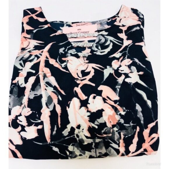 Juicy Couture Womens Blue Floral Rhinestone V Neck Long Sleeve Blouse Sz XS New - Picture 4 of 9